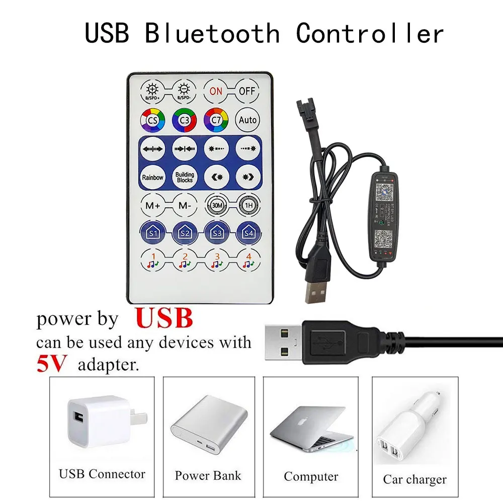 Anel de luz Pixel LED endereçável individualmente, Bluetooth USB, Controlador de música, 5050 RGB, WS2812 IC, DC 5V, WS2812B