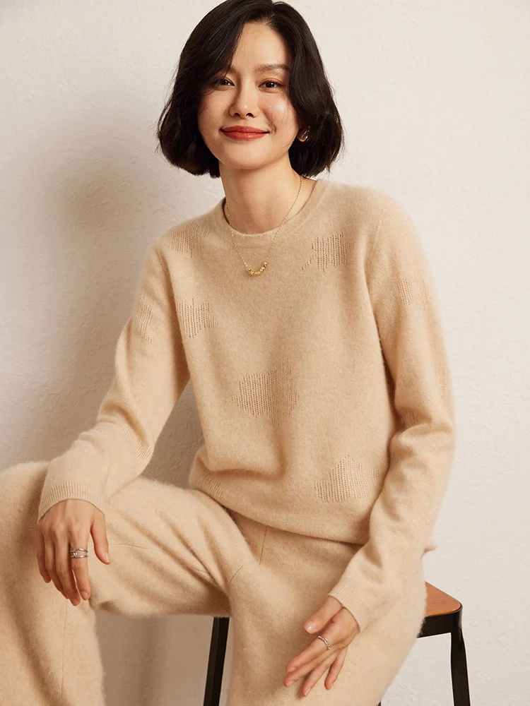 

Модный женский пуловер из 100% кашемира с круглым вырезом, ажурный свитер, весна-осень, мягкий и уютный кашемировый трикотаж, повседневная одежда