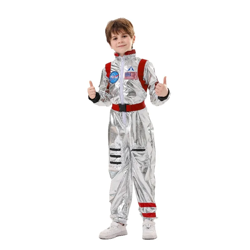

Kids Astronaut Costume Silver Space Suit Jumpsuit Halloween Party Cosplay Outfit for Boys Girls