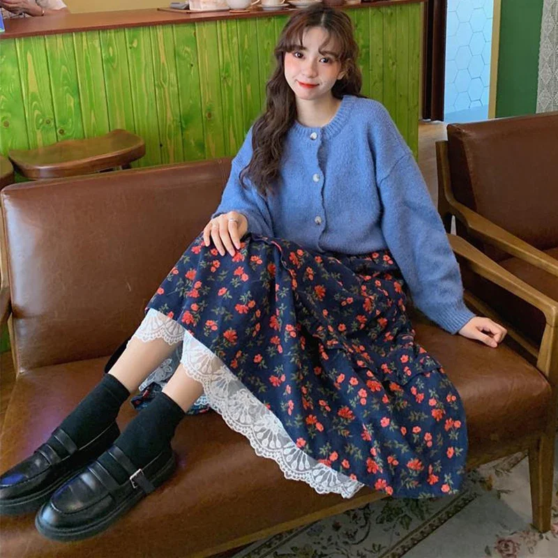 Vintage Lace Printed Skirt for Women Korean Elastic High Waist Long Skirts Woman Ruffle Pleated A Line Skirts Female