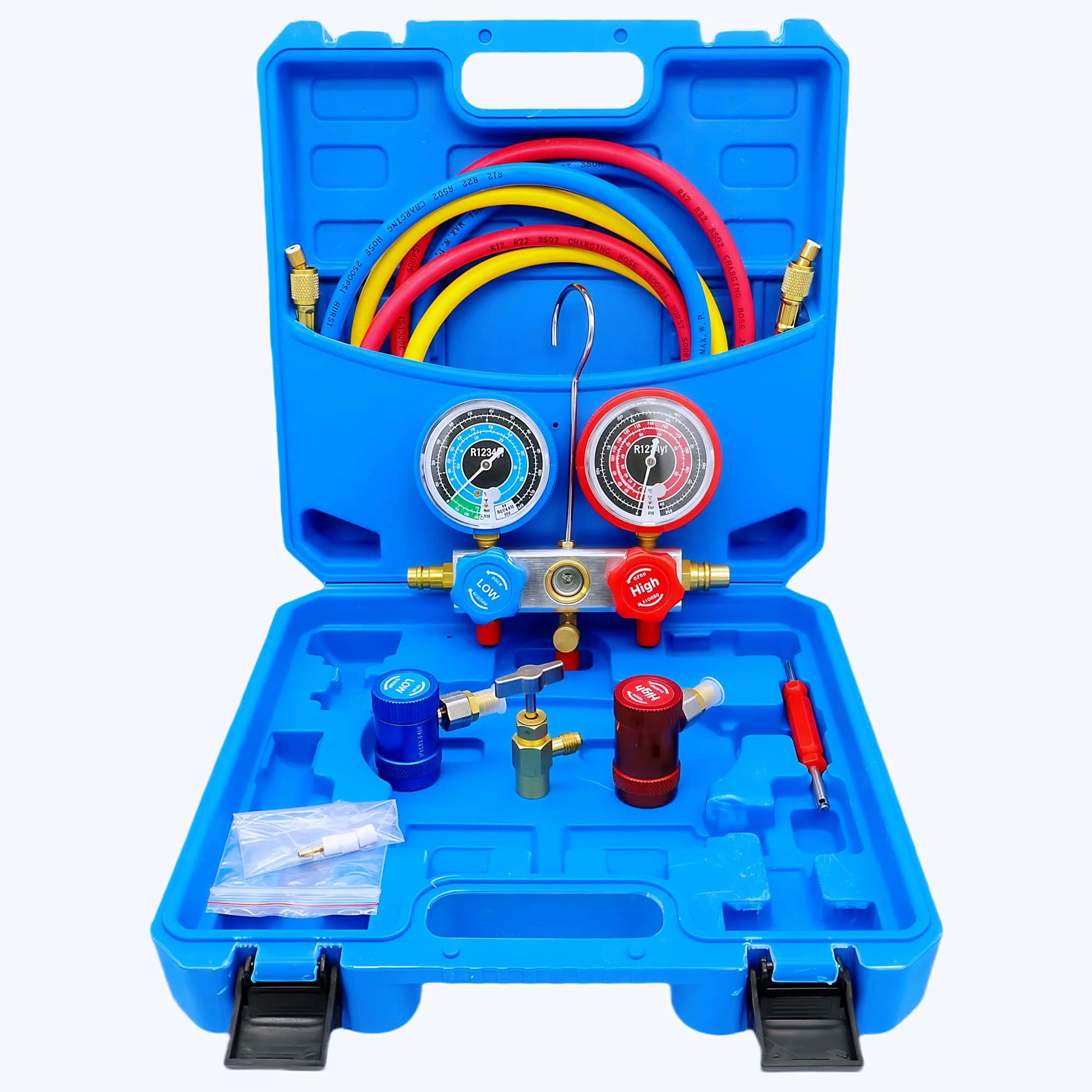 

R1234YF AC Manifold Gauge Set, Automotive Refrigerant Charging Kit with Quick Adapter, Valve Core Tool & 1.5M Hose