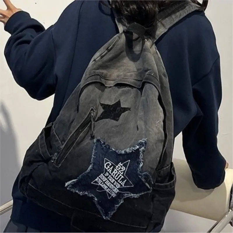 JIAERDI Vintage Star Harajuku Backpack Wanita Denim Kapasitas Besar Tas Ransel Pelajar Y2k Serbaguna untuk Sehari-hari Mochilas Mujer Baru