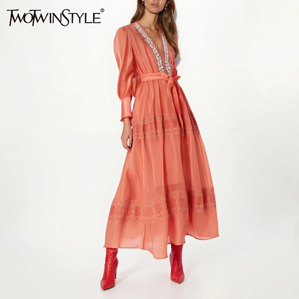 

TWOTWINSTYLE Solid Spliced Bead Fashion Dresses for Women V Neck Long Sleeve Patchwork Lace Up Temperament Dress Female Clothing