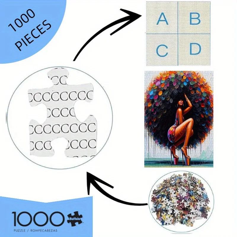 1000ピースのアフリカ系アメリカ人女性パズル、ふわふわの巻き毛とハイヒールをあしらった鮮やかな抽象画、高品質の厚紙素材