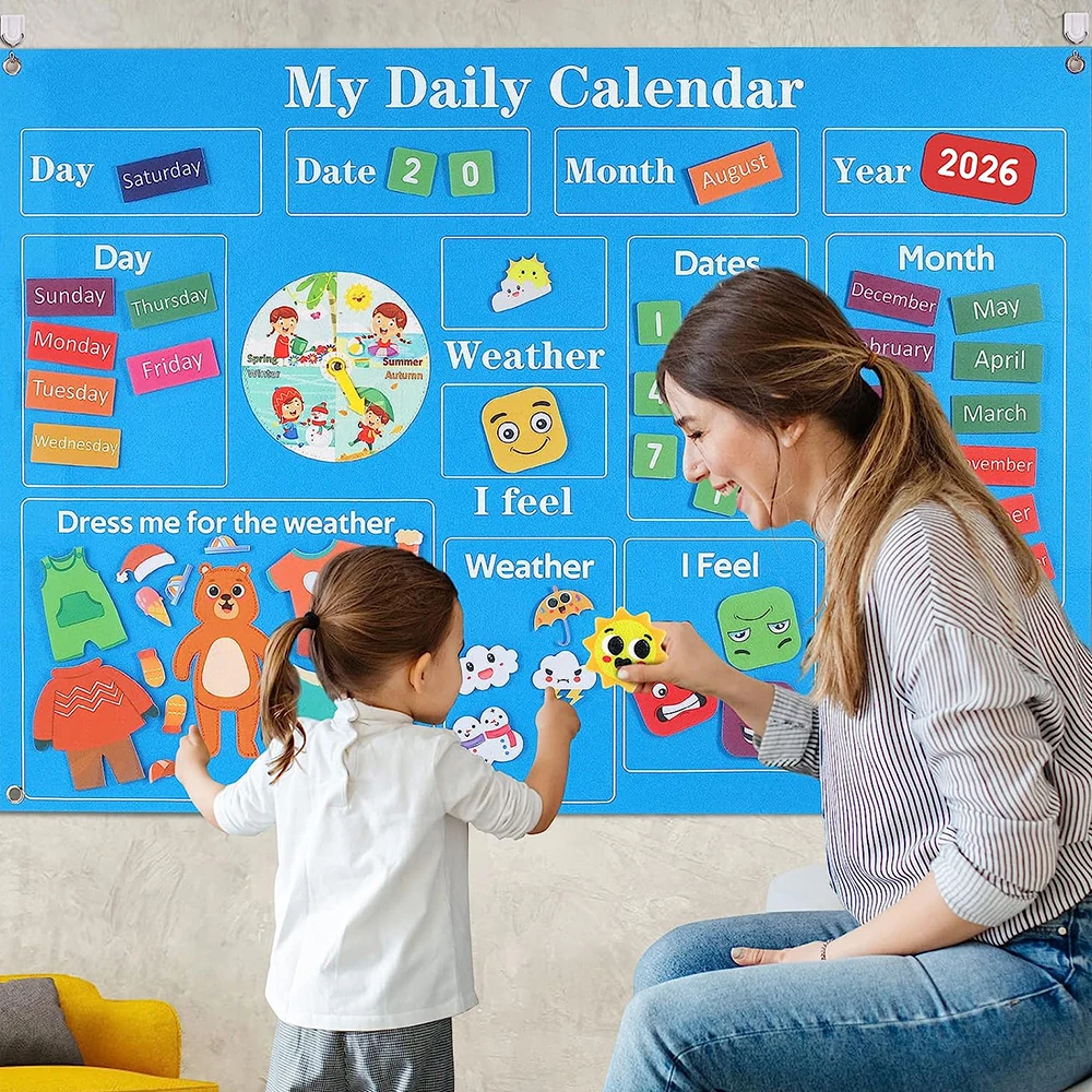 Children's Calendar Busy Board, Daily Learning Felt Board Teaching Supplies, Time, Season, Weather Awareness Wall Calendar