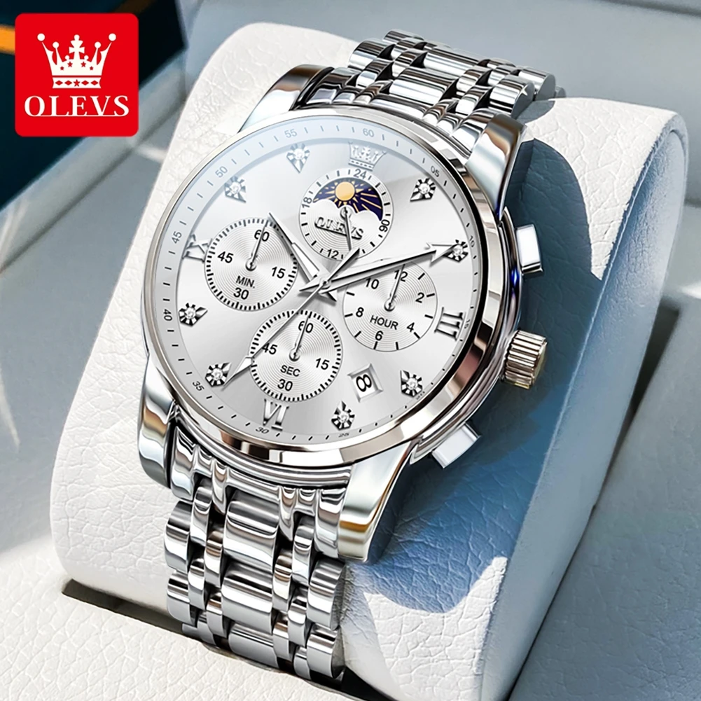 

OLEVS мужские часы 3655, лучший бренд, деловая мода, оригинальные кварцевые часы для мужчин, водонепроницаемые, светящиеся, фазы Луны, 24 часа, хронограф