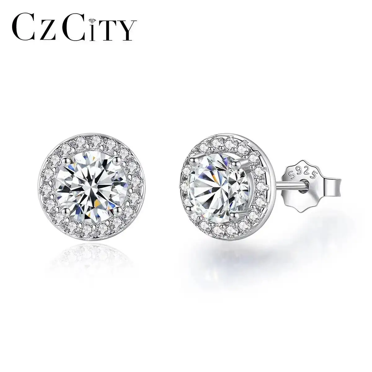 

CZCITY Delicate New Silver Round Halo Shinning Moissanite Stud Earrings Come with Certificate 925 Sterling Silver Ear Rings