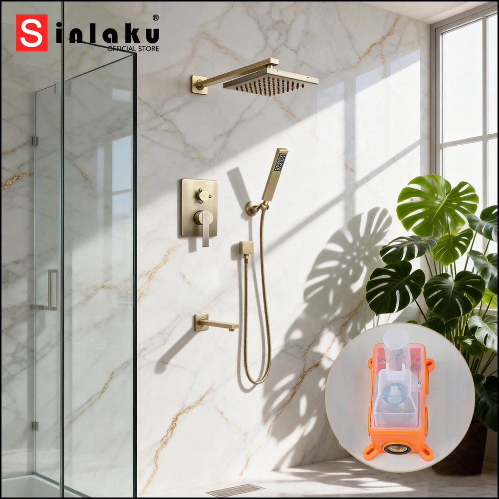 

SINLAKU Antique Brass Bathroom Shower Faucet Set Wall Mounted Shower System Concealed Embedded Box Chuveiro Rainfall Mixer Tap