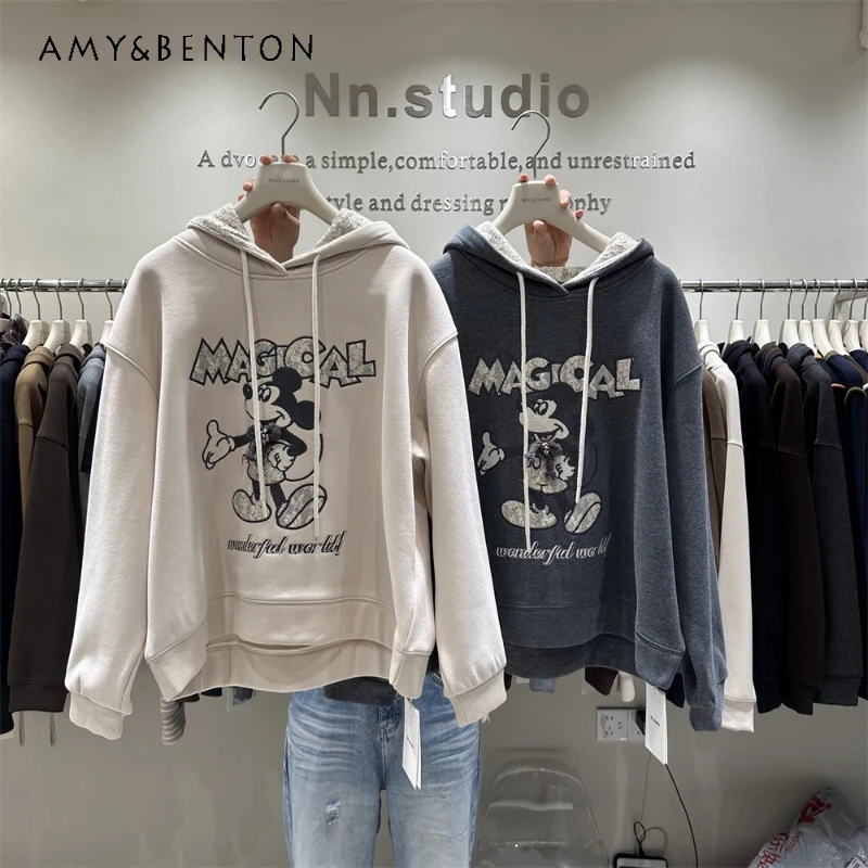 

Winter Short Jacket Loose Casual Top Heavy Embroidery Letter Cartoon Design Color-Block Turn-Down Collar Fleece Sweatshirt Women