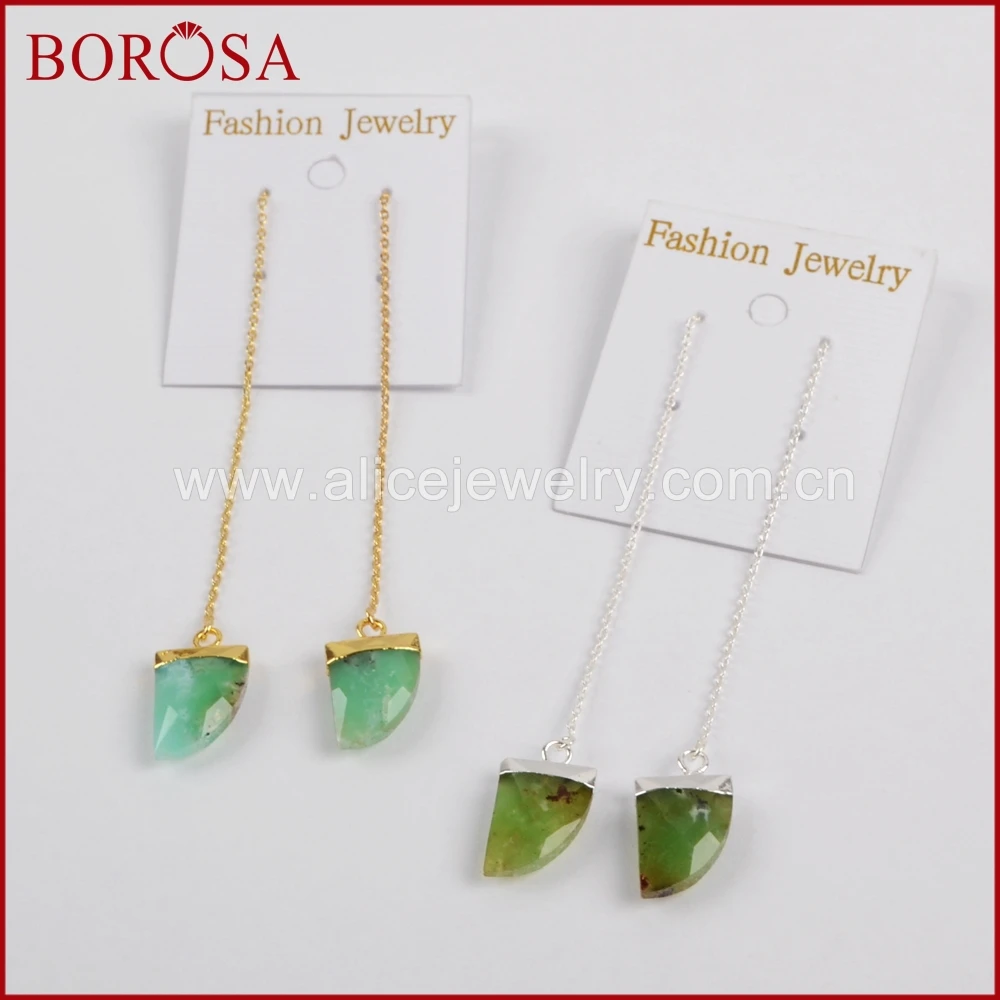 Horn Shape Gold Plated Australia Jade Threader Earrings Healing Stone Chalcedony Dangle Earring for Women G1347