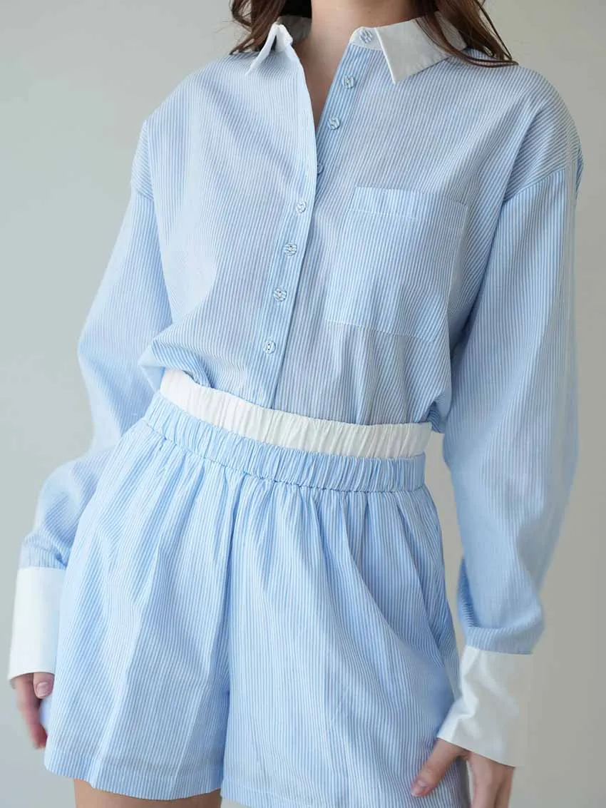 Marthaqiqi Striped Loose Women Nightgowns Suit Long Sleeve Pajamas Turn-Down Collar Sleepwear Shorts Casual Ladies Nightwear Set
