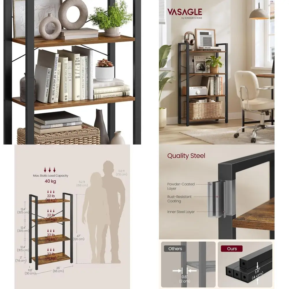 

4-Tier Industrial Rustic Bookshelf, Steel Frame, 11.8x26x47, Suitable for Living Room, Home Office, Study