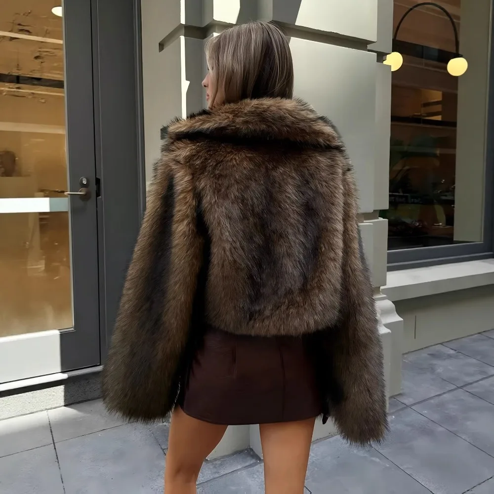 Brown Black Dyed Pointed Environmentally Friendly Faux Fur Jacket for Women,Short Imitation Fox Fur Jacket, Commuting Office Top