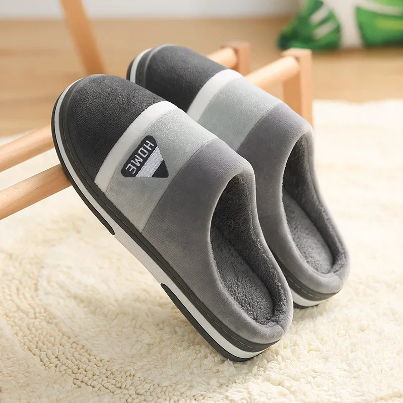 Classic Men Slippers Winter Warm Cotton Slippers For Men Home Wear-Resistant Stripe Non-slip Indoor Slides Couple Women Shoes