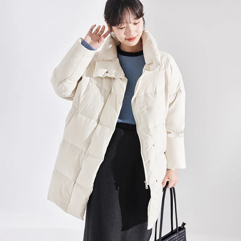 Winter Thickened Fashion Stand Collar White Duck Down Warm Mid-Length Down Jacket Women's Winter Clothes Korean Style Loose coat