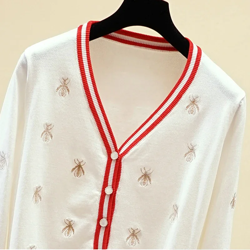 High Quality Fashion Designer Bee Embroidery Cardigan Long Sleeve Single Breasted Contrast Color Button Knitted Sweaters