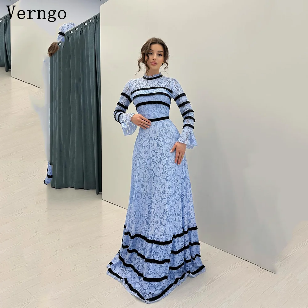 Verngo Blue Lace Evening Dress Modest O Neck Full Sleeves A Line Formal Occasion Dress Women Simple Prom Gowns Customized