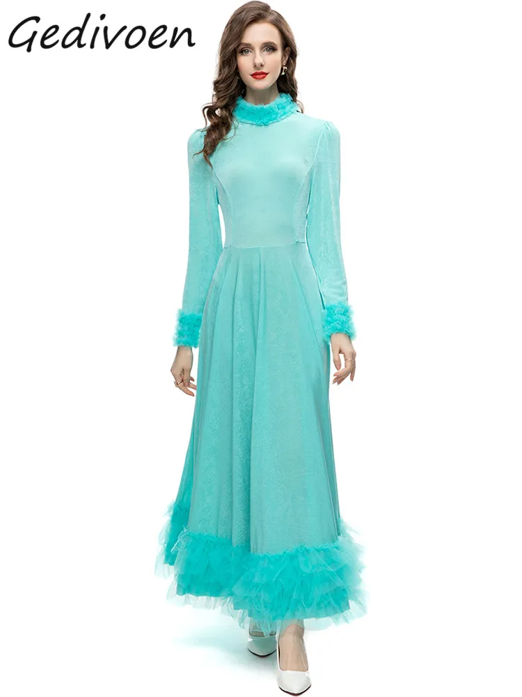 

Gedivoen Summer Fashion Runway Mint Color Vintage Dress Women Stand Collar Long Sleeve High Waist Mesh Ruffle Spliced Long Dress