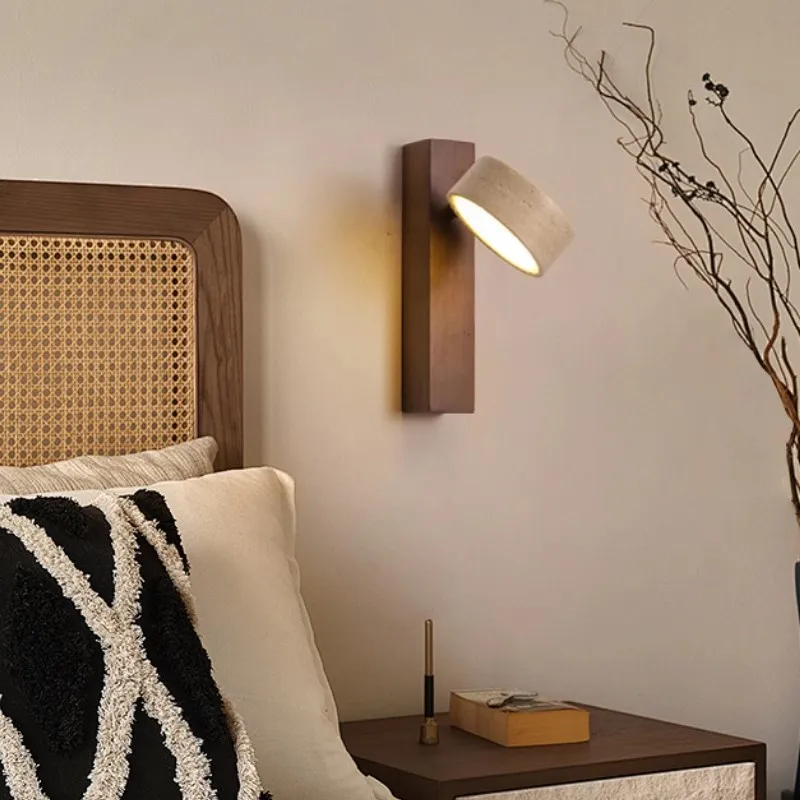 

Middle aged bedroom bedside wall lamp, rotatable master bedroom wall lamp, Japanese Wabi Sabi style wooden light fixture