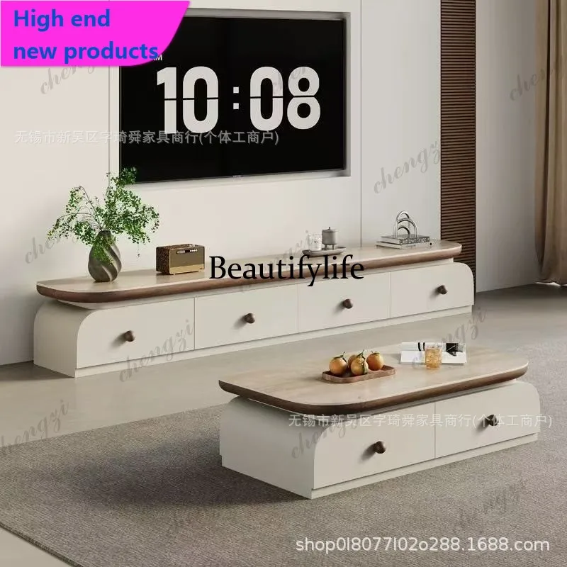 A77 TV Cabinet Small Apartment Coffee Table Living Room Household Floor Set Combination Cream Premium Light LuxuryA68