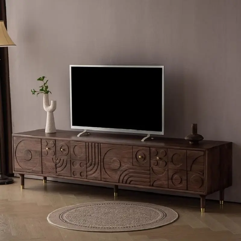

Black walnut TV cabinet small apartment living room medium ancient solid wood carving flower TV cabinet