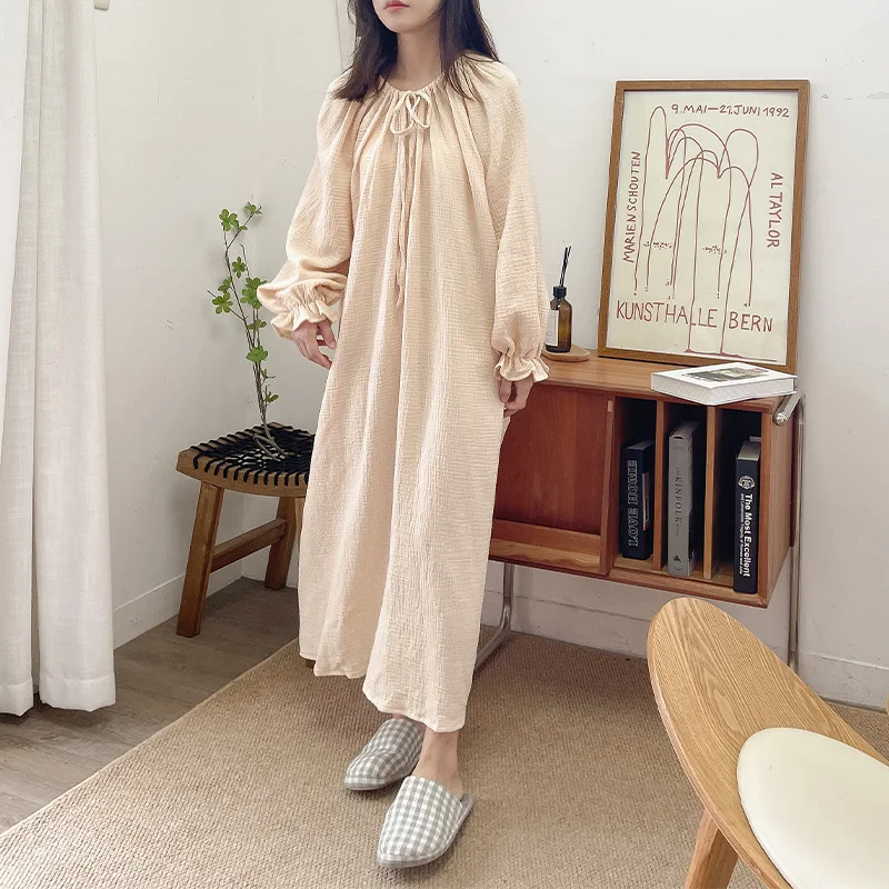 Muslin 100% Cotton Pleated Gauze Dress Women's Clothing Casual Long Sleeve Midi Dresses With Lace-up Design and Pockets Homewear