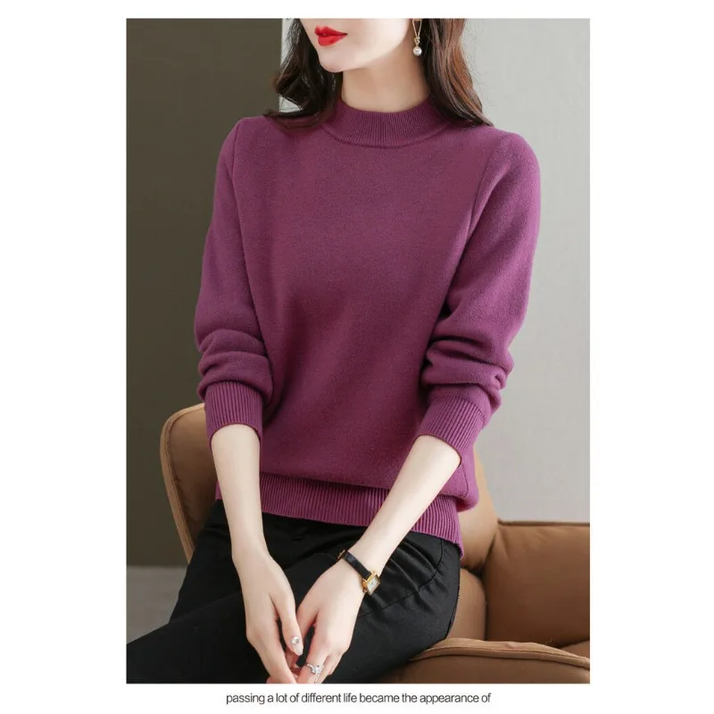 Autumn Winter Half High Collar Solid Color Pullover Screw Thread Long Sleeve Sweater Knitted Casual Fashion Women's Tops