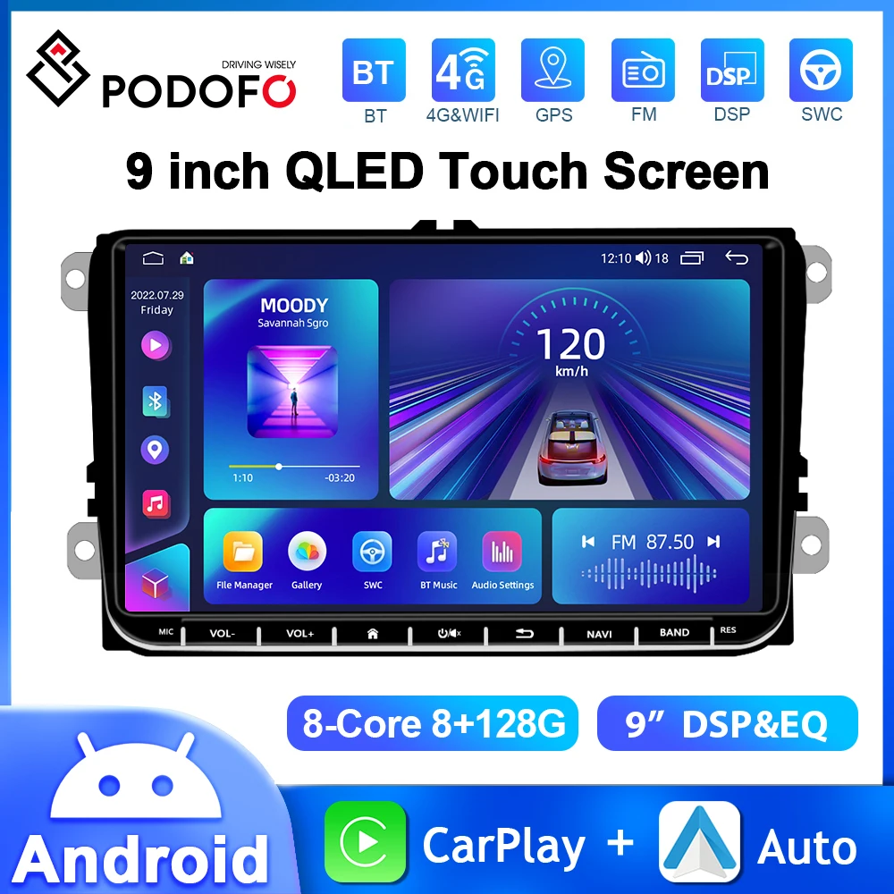 Podofo 8-core Car Radio Stereo 9'' 8+128G Android Auto Carplay AI Voice WIFI+4G DSP Bluetooth Navigation GPS For Seat VW Skoda