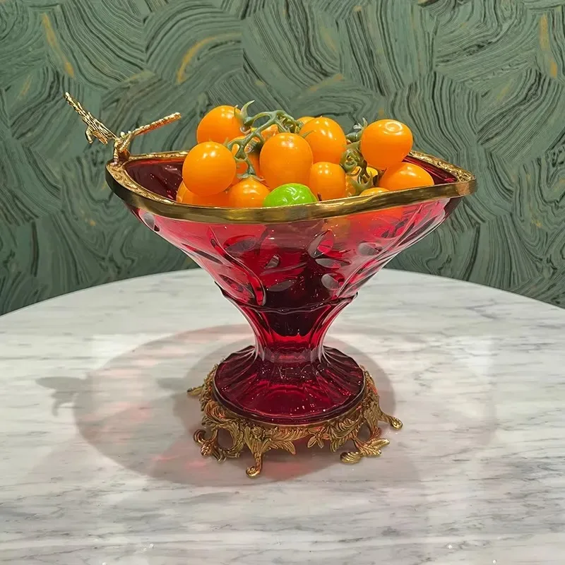 Luxury Crystal Fruit Tray Retro European Style Brass Metal Candy Rack Home Decoration for Dining Table Living Room