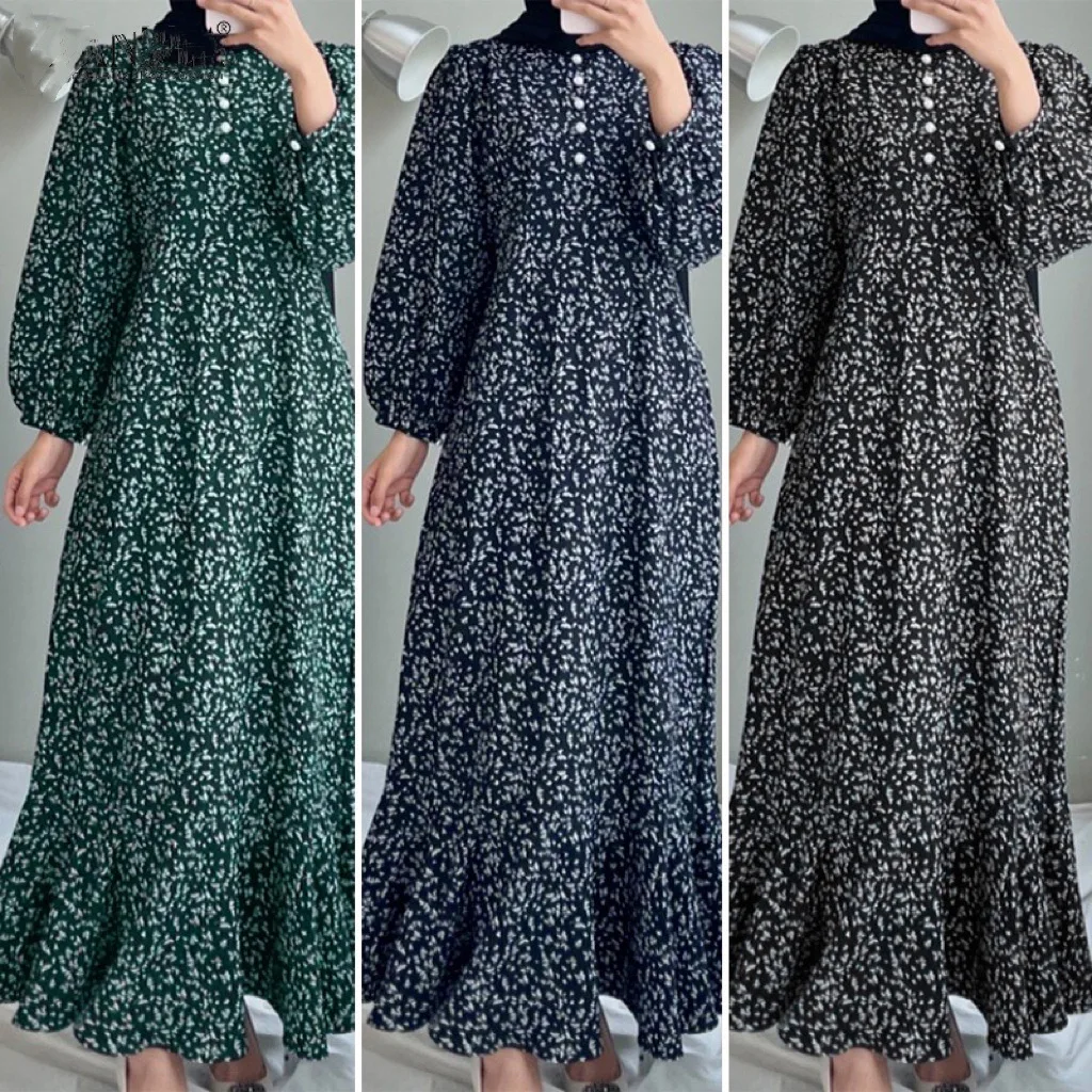 Women Fashion Loose Printed Long Sleeve O Neck Muslim Abaya Dress Vintage Ruffles Hem Sundress Robe Femme Turkey Vestido Kaftan