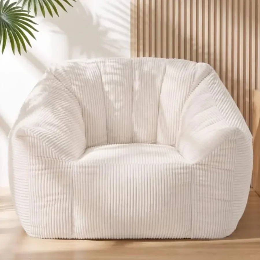 Giant bean bag chair for adults and teens in corduroy fabric, beige color, with ergonomic back support, armrests, and premium f