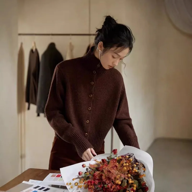 

Осень-зима воротник-стойка универсальный шерстяной пуловер с воротником-стойкой вязаный свитер кардиган внутреннее короткое пальто женское