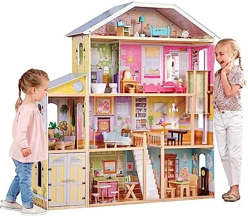 Majestic Mansion Wooden Dollhouse with 34 Pieces, Working Elevator | 4 Feet Tall, Garage, 4 Flo, 8 Rooms, Attic