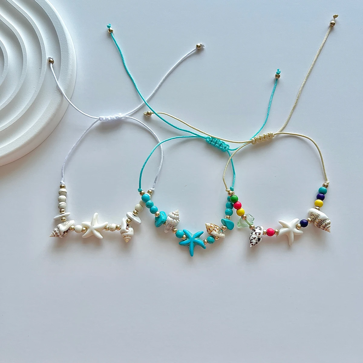 12 Pieces Fashion Starfish Conch Stone Bracelets Fashion Summer Ocean Style Adjustable Bracelets