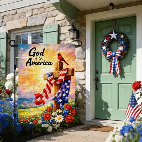 4Th of July Cardinal Bird God Bless America Cross American Flag Wildflowers Gard 7445019280280 AAV
