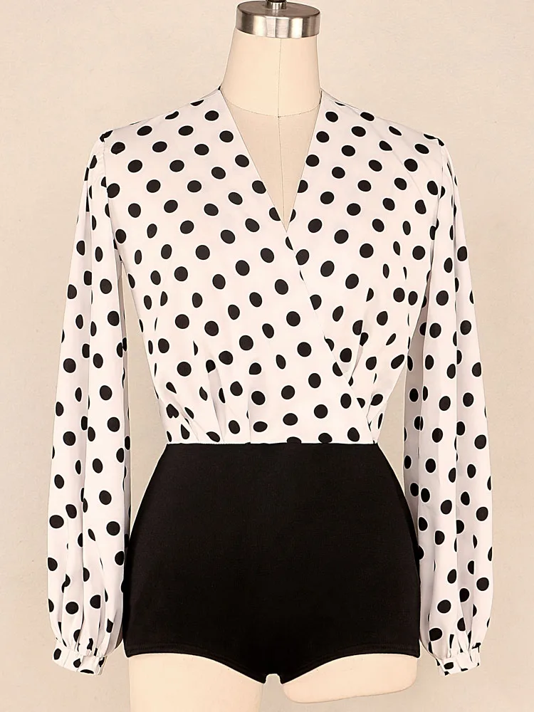 Retro temperament elegant sexy black white polka dot shirt jumpsuit shorts high waisted fashionable lantern sleeve jumpsuit