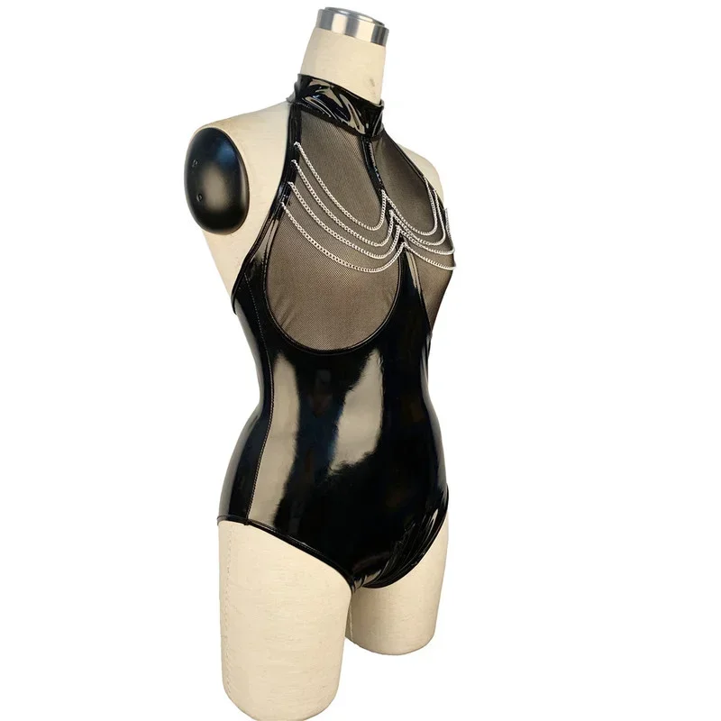 Body de látex de PVC para mujer, peleles sexys con cremallera y entrepierna abierta, ropa para discoteca de baile fetiche, mono brillante con aspecto húmedo, Catsuit de malla de cuero sintético