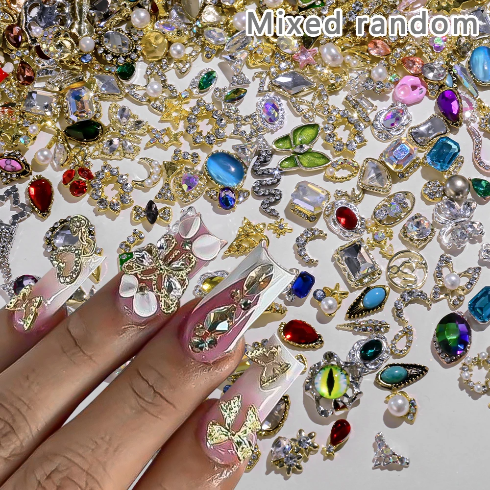 50Pcs 3D Random Luxury Nail Charms Mixed Alloy Bowknot/Butterfly/Heart/Flower Nail Art Decorations Elegant Manicure DIY Supplies
