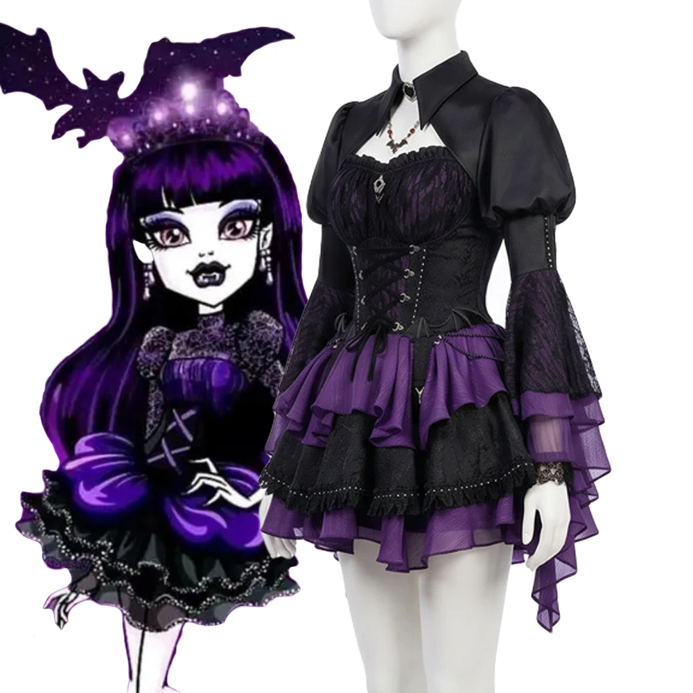 Elissabat Cosplay Black Purple Lace-up Corset Top Skirt Belt Bat Necklace Costume for Women Gothic Set Halloween Outfits
