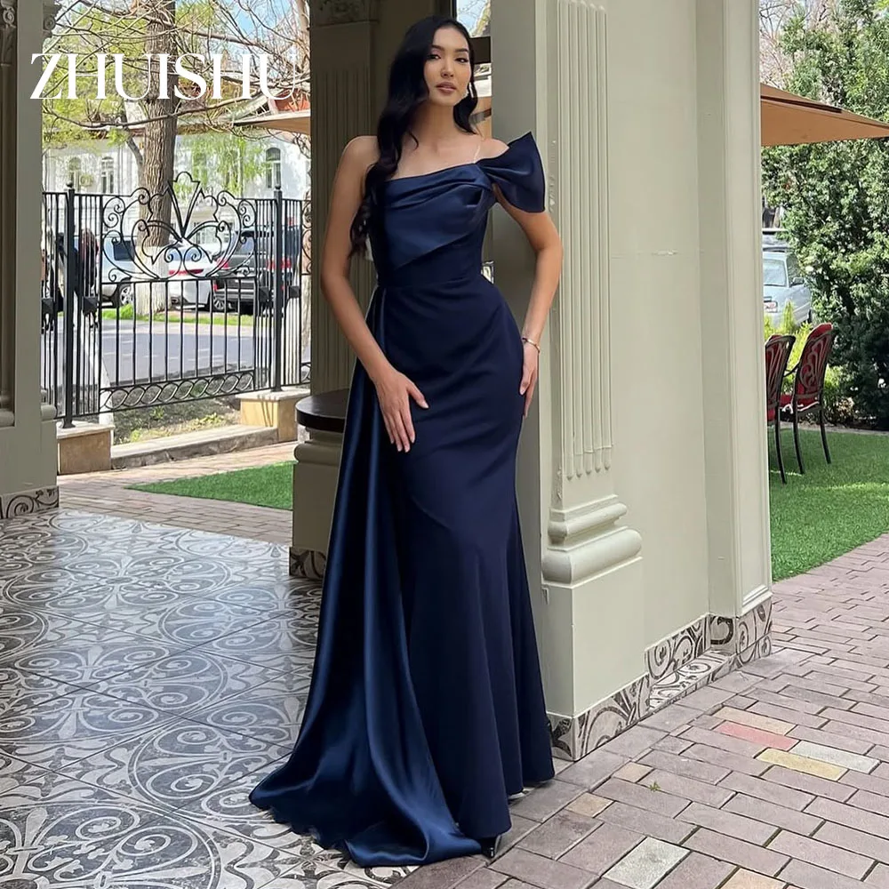 

ZHUISHU Вечерние платья на одно плечо Темно-синее длинное платье для выпускного вечера длиной до пола, платье трапециевидной формы для особых случаев по индивидуальному заказу 2026