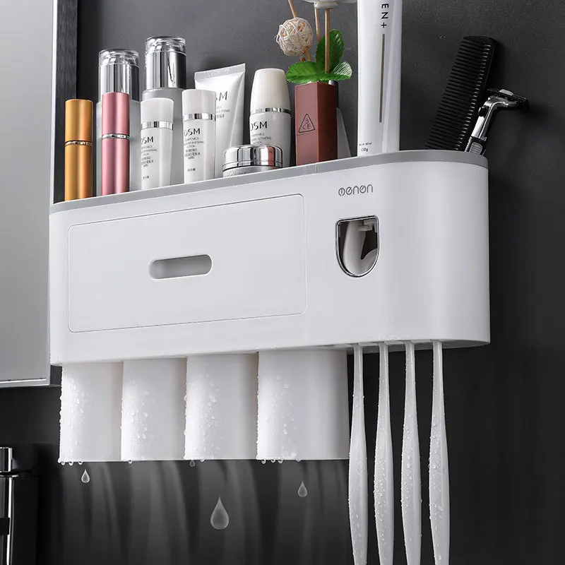 Wall-mounted Magnetic Toothbrush Holder Automatic Toothpaste Dispenser Strong Adsorption Magnetic Cup Bathroom Accessories Sets