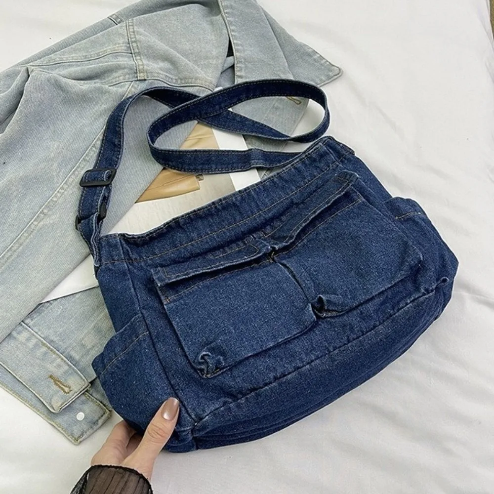 

Vintage Canvas Denim Messenger Bag Multiple Pockets Harajuku Commuting Shoulder Pouch Blue Korean Style Underarm Bag Women