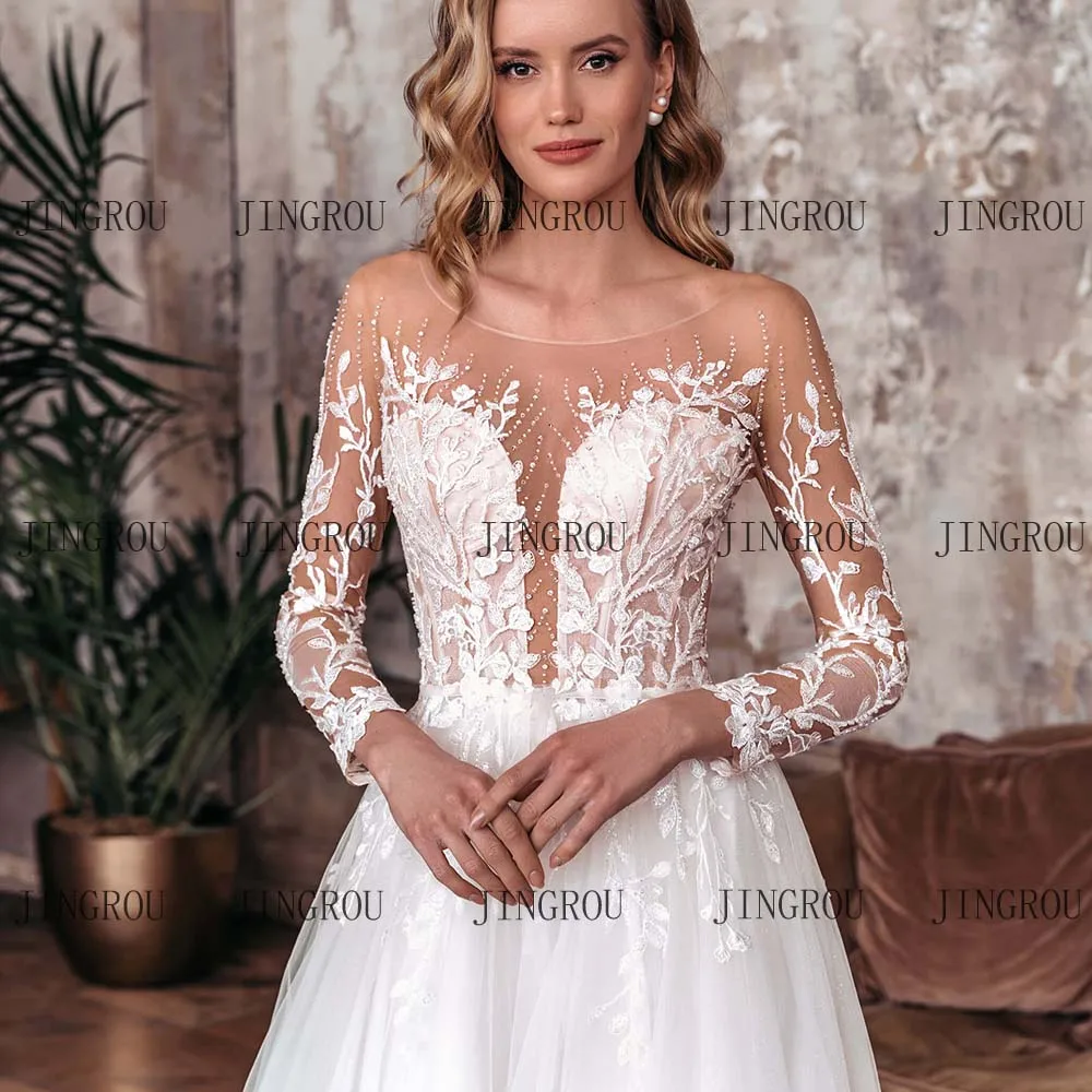Customized V-neck Long Sleeve A-neck Wedding Dress Lace Embroidery Sequins Beads Layered Glitter Tulle Brides dress