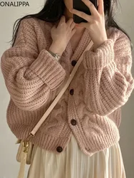 Onalippa Autumn Lazy Style Loose Knit Cardigan Simple Casual V Neck Puff Sleeve Hemp Pattern Single Breasted Sweater Women Coat