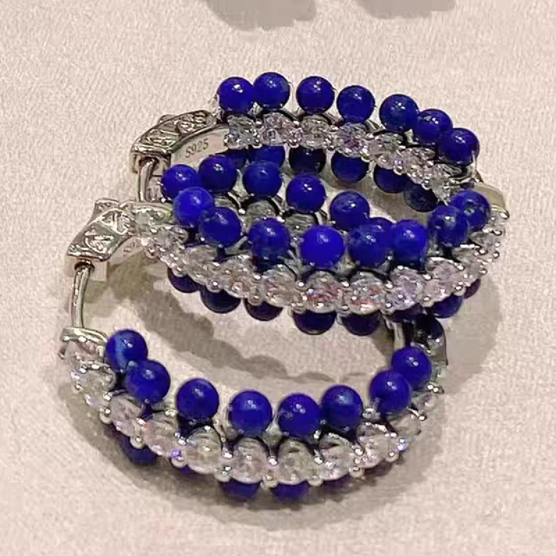KQDANCE 35*35mm 925 Sterling Silver Elegant Bohemian-Style Lapis lazuli Blue Turquoise Hoop Earrings Fine Jewelry For Party