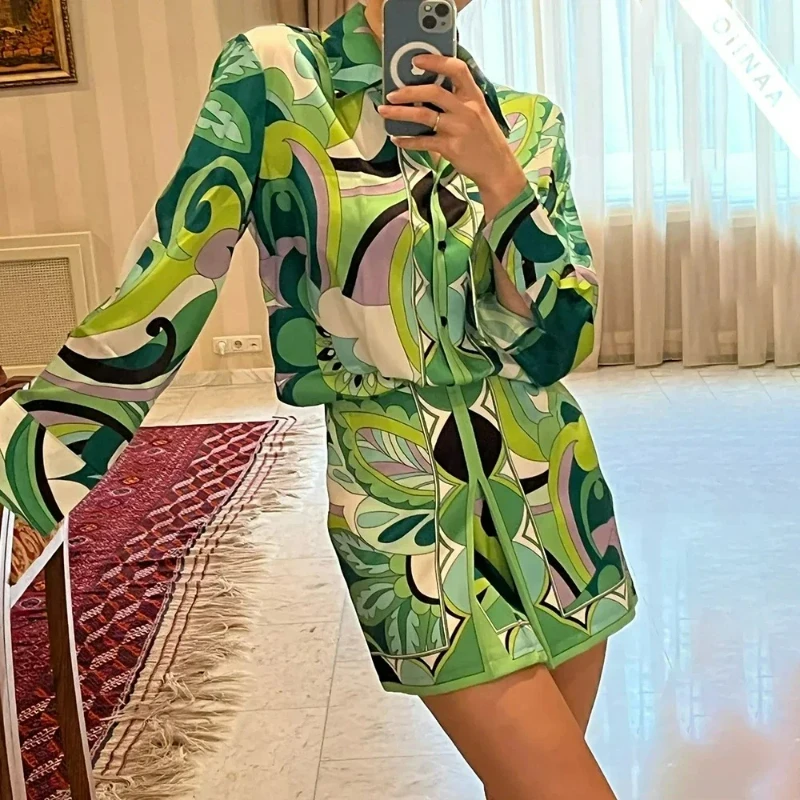 2026 Summer Skirt Sets Women Tops Fashion Long Sleeve Plant Print Flower Shirt High Waist A-line Skirt Boho Beach Sets Y2k Skirt
