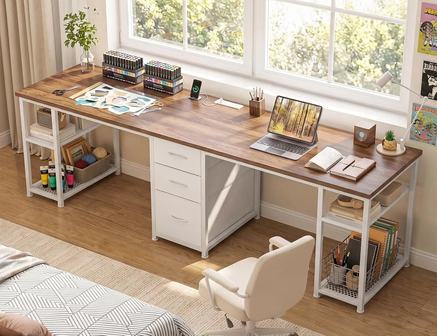 84.6 Inch Computer Desk with 3 Drawers, 4-Tier Shelves, 3 AC Outlets & 2 USB Ports, 260 LBS, 2 Person Home Office, Customized