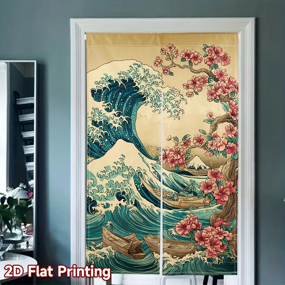 VIKAMA Kanagawa Wave Japanese Door Curtain, Mount Fuji and Cherry Blossoms Half Door Curtain, Room Divider and Home Decor
