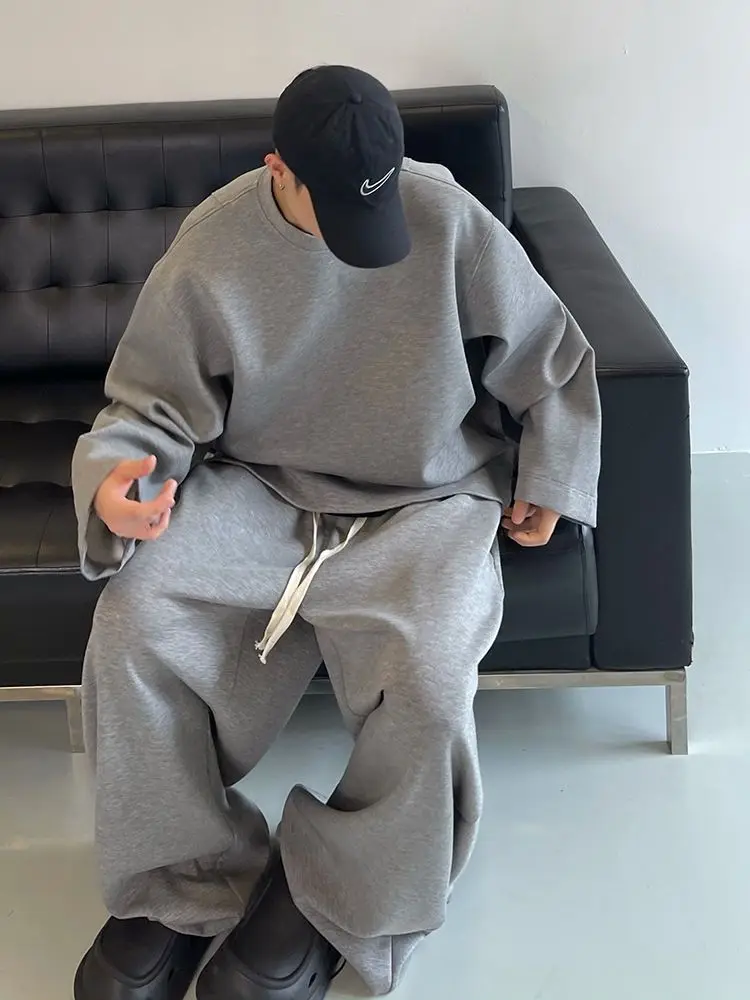 Autumn retro oversize loose silhouette lazy gray sports sweatshirt suit for men INS Harajuku retro atmosphere casual y2k ins emo