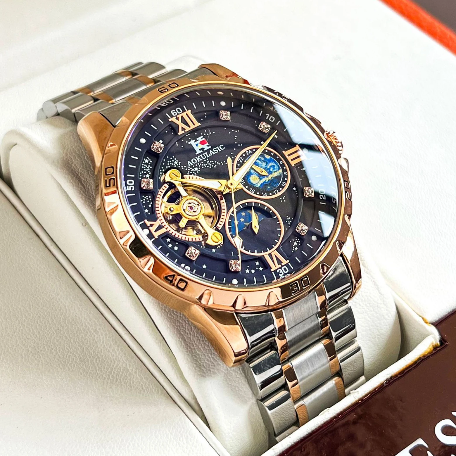 AOKULASIC Luxury Starry Sky Luminous Mechanical Watch for Men Fashion Steel Leather Strap Business Automatic Mens Watches Gifts